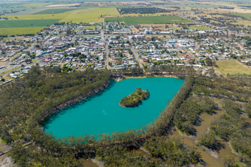 Aerial view of the Nhill Lake and surrounding swamp in Nhill, Victoria. - Australian Stock Image