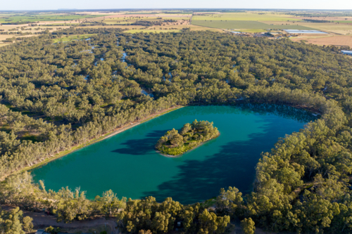 Aerial view of the Nhill Lake and surrounding swamp in Nhill, Victoria - Australian Stock Image