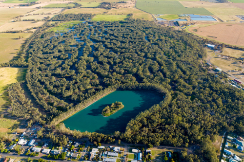 Aerial view of the Nhill Lake and surrounding swamp in Nhill, Victoria. - Australian Stock Image