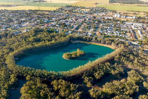 Aerial view of the Nhill Lake and surrounding swamp in Nhill, Victoria. - Australian Stock Image