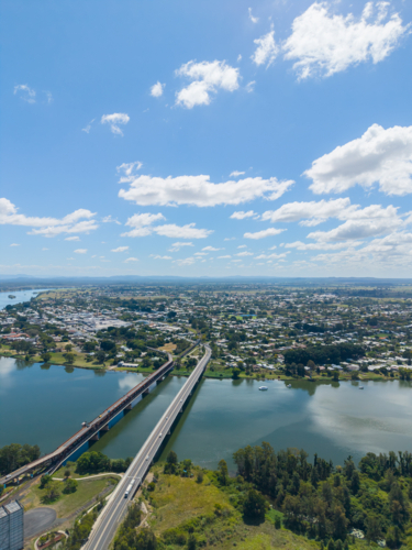 Aerial view of the Old and New Bridges at Grafton - Australian Stock Image