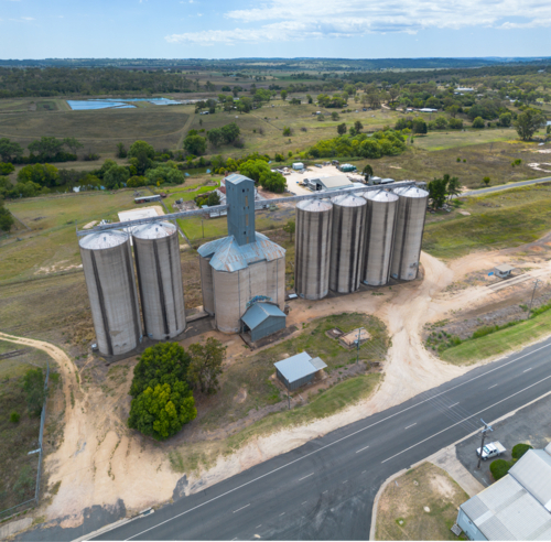 Aerial view of The old Silos in Inverell, New South Wales, Australia - Australian Stock Image