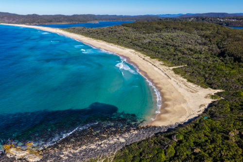 Aerial view of the pristine coastline at Celito Beach with the crystal clear waters of the Pacific - Australian Stock Image