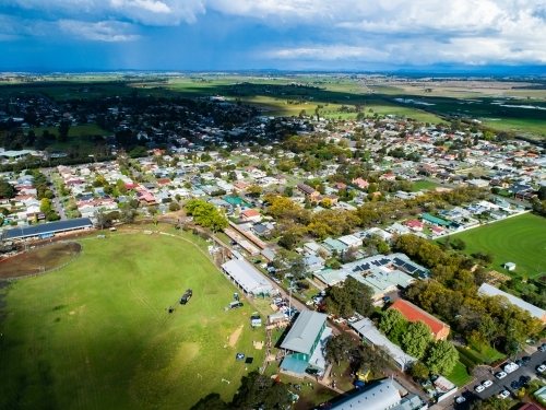 Aerial view of the showring at agricultural show fairground in country town of Singleton