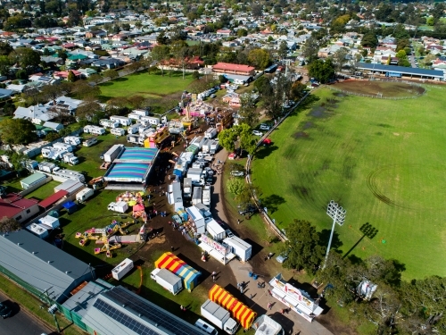 Aerial view of the showring at agricultural show fairground in country town of Singleton