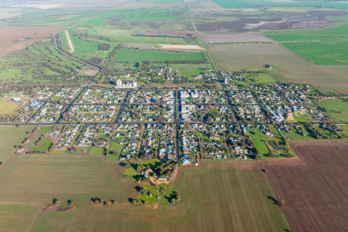 Aerial view of the township of Rainbow surrounded by farmland. - Australian Stock Image