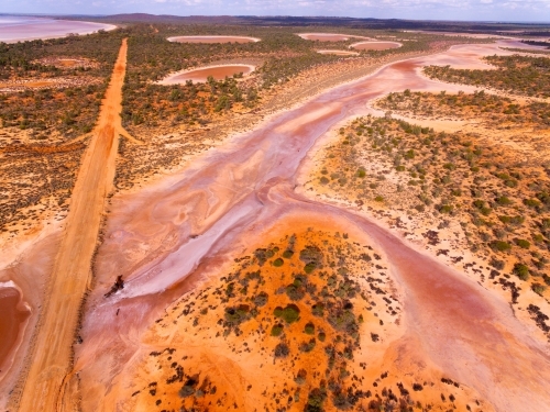 Aerial view of track through salt flats