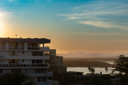 Aerial view of tranquil sunset over Port Macquarie - Australian Stock Image