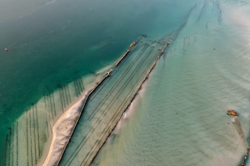 Aerial view of Wallis Lake at low tide, revealing intricate sand patterns - Australian Stock Image