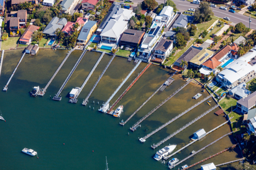 Aerial view of waterfront homes Booker Bay - Australian Stock Image