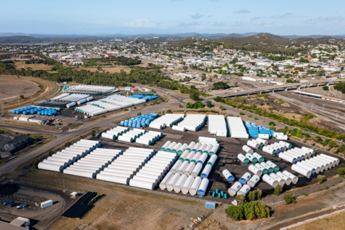 Aerial view of wind turbine blades and parts stored at Gladstone Port - Australian Stock Image