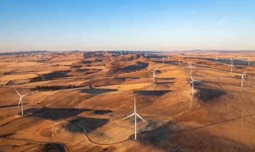 aerial view of wind turbines in summer - Australian Stock Image