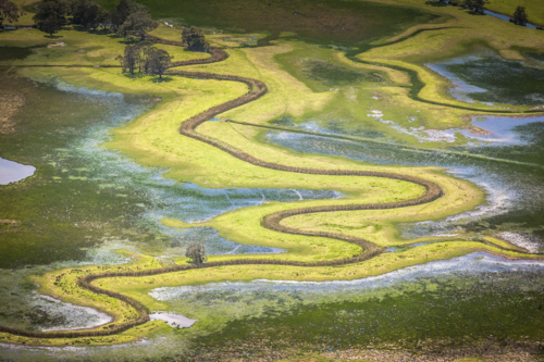 Aerial view of winding river through grassy floodplain - Australian Stock Image