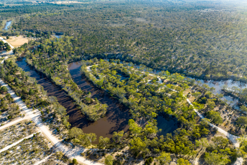 Aerial view of winding waterways and forest tracks through bushland - Australian Stock Image