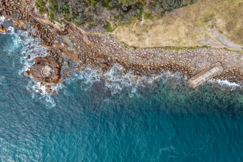 Aerial view of World War II torpedo and gun emplacement at Tomaree Head in NSW, Australia - Australian Stock Image