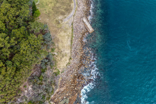 Aerial view of World War II torpedo emplacement at Tomaree Head in New South Wales, Australia - Australian Stock Image