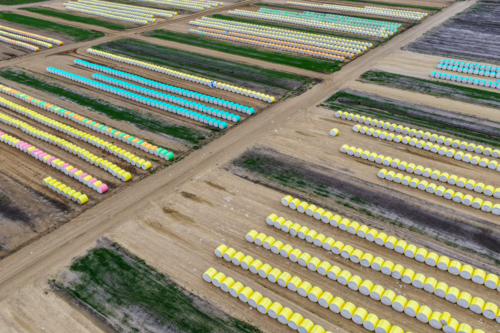 Aerial view of wrapped round cotton modules with various coloured wrap neatly lined up in rows. - Australian Stock Image