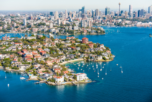 Aerial view over Point Piper and Sydney Harbour on a clear sunny day - Australian Stock Image