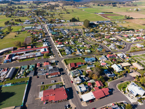 Aerial view over the regional town of Sheffield in Tasmania - Australian Stock Image
