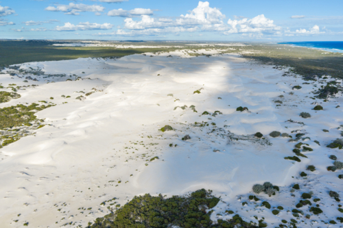 Aerial view over the white sand dunes of Wedge Island - Australian Stock Image