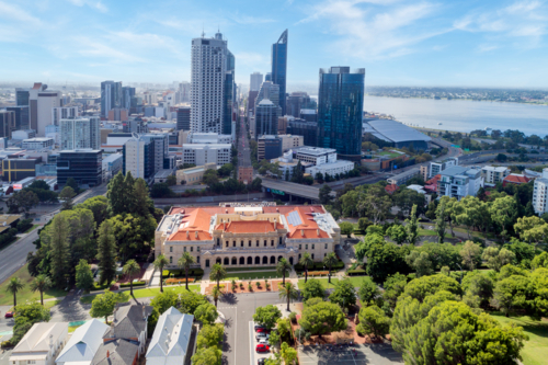 Aerial view over Western Australian Parliament House & City Of Perth - Australian Stock Image
