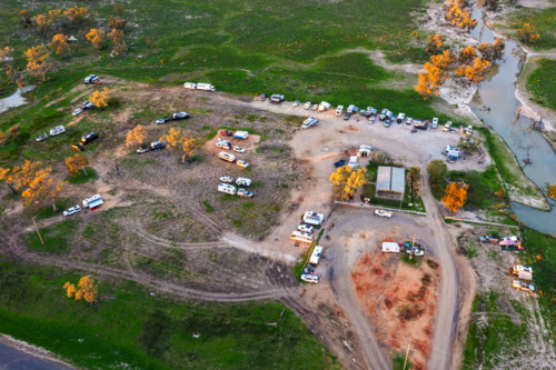 Aerial view showcasing the Pilliga Artesian Bore Baths and surrounding campground. - Australian Stock Image