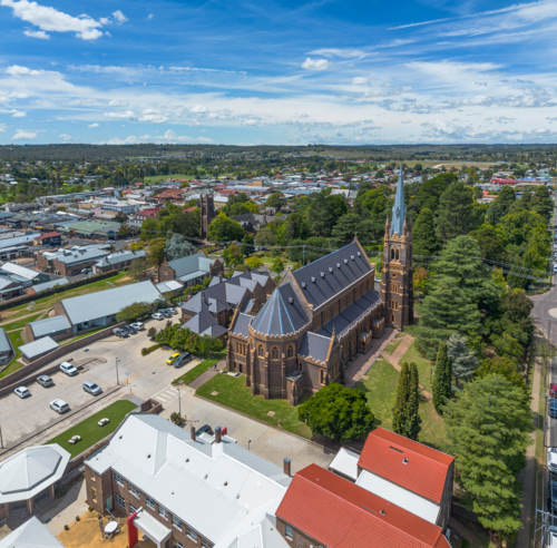 Aerial view St Mary and St Joseph Cathedral in Australian countryside town Armidale - Australian Stock Image
