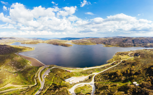 Aerial views of Rocky Valley on a hot summer's day near Falls Creek in Victoria, Australia. - Australian Stock Image