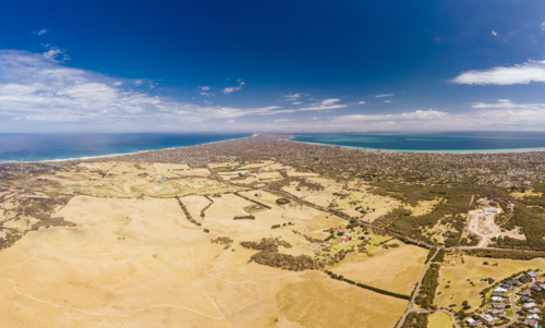 An aerial shot of Mornington Peninsula towards Point Nepean and Port Phillip Bay from Fingal - Australian Stock Image