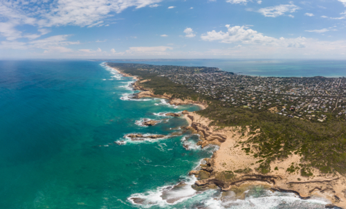 An aerial shot of Mornington Peninsula towards Point Nepean and Port Phillip Bay in Victoria - Australian Stock Image