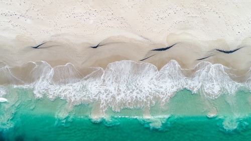An aerial view of a wave about to crash on the shore