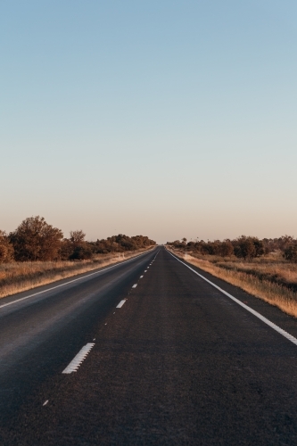 An empty road with dry grasses and shrubs on both sides. - Australian Stock Image