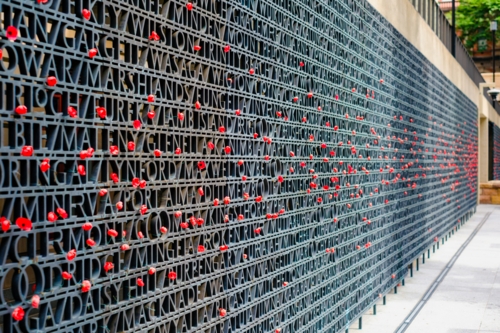 ANZAC Remembrance Wall with Poppies in Brisbane CBD - Australian Stock Image