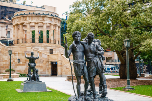 ANZAC Square with Eternal Flame and Statues in Brisbane CBD - Australian Stock Image