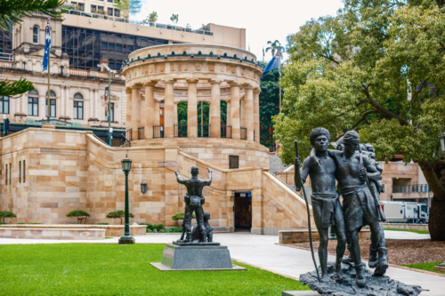 ANZAC Square with Eternal Flame and Statues in Brisbane CBD - Australian Stock Image
