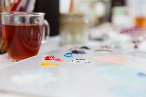 Artist Studio - Tea and Paint Palette - Australian Stock Image