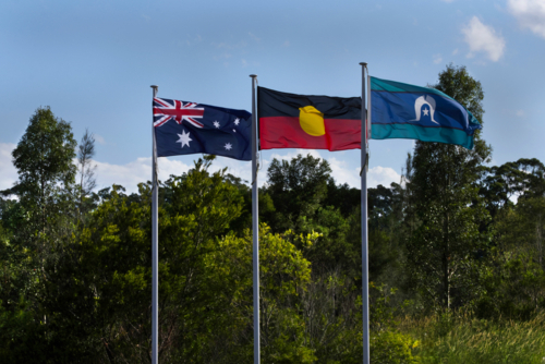 Australian, Aboriginal, Torres Strait Island flags flying on a sunny day with trees behind - Australian Stock Image