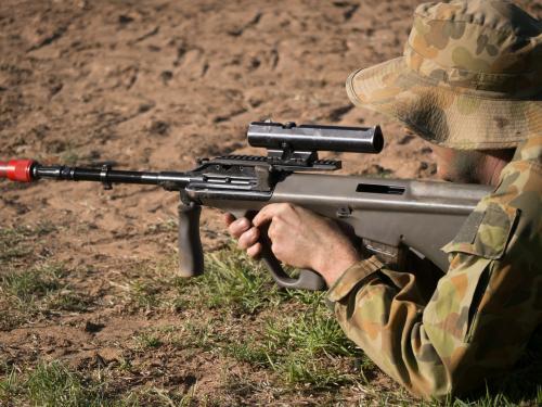 Australian Army Reserve Exercise - Close up of Soldier with Gun - Australian Stock Image