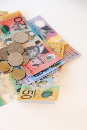Australian currency, notes and coins, pay in cash - Australian Stock Image