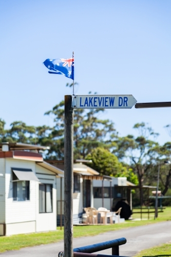 Australian flag on sign post for lakeview drive - Australian Stock Image