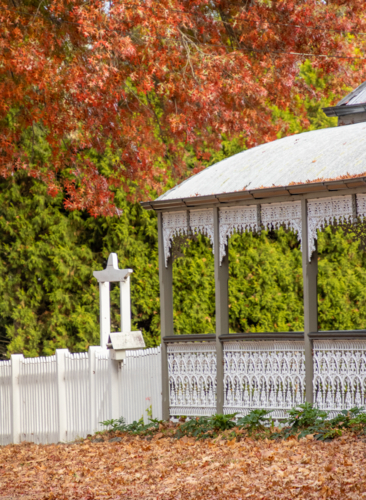 Autumn leaves and an old cottage with a corrugated iron roof and white balustrading - Australian Stock Image
