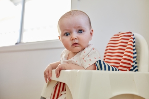 Baby girl sitting in high chair - Australian Stock Image