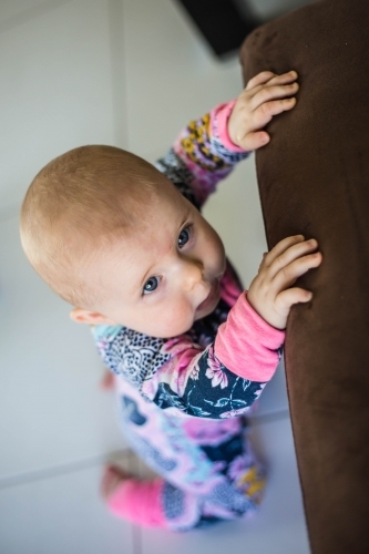 Baby kneeling on floor with hands holding on to brown lounge - Australian Stock Image