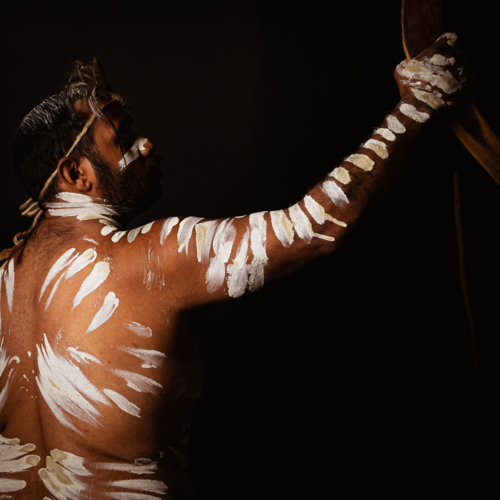 Back of Aboriginal male holding up boomerang - Australian Stock Image