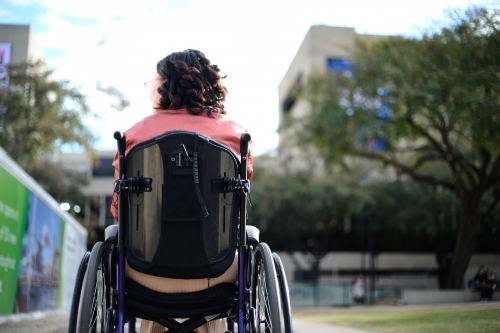 Back shot of a woman with disability sitting in wheelchair outside with trees around her - Australian Stock Image