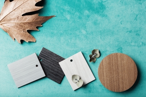 Background of interior decor swatches, with autumn and eucalyptus leaves - Australian Stock Image