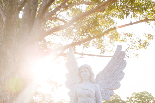 Backlit angel sculpure in a graveyard - Australian Stock Image