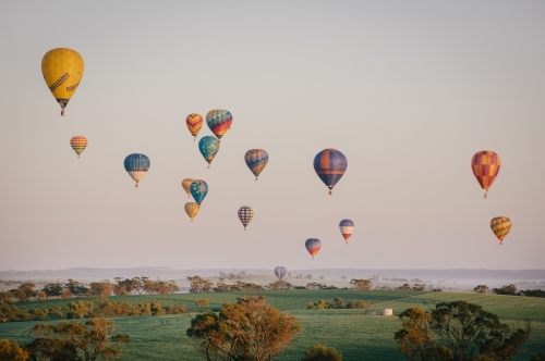 Ballooning over farmland in Avon Valley in Western Australia - Australian Stock Image