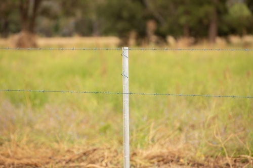 Barb wire being attached on a new fence post - Australian Stock Image