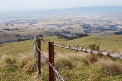Barbed wire fence in the mountains - Australian Stock Image